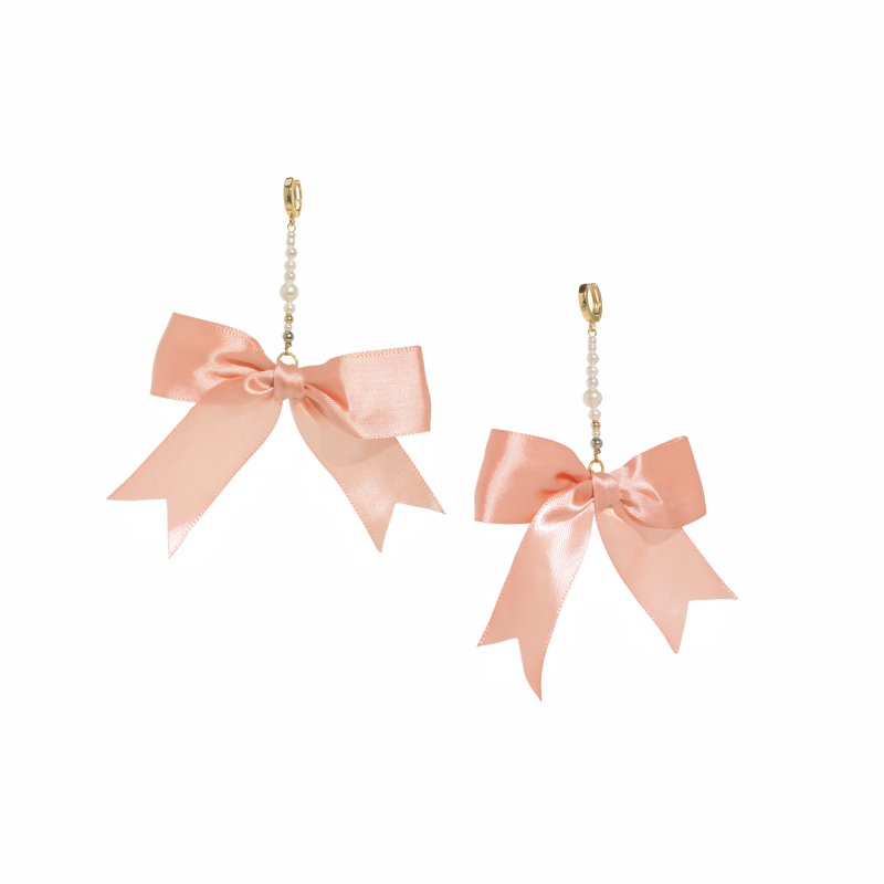 Ballerina Satin Ribbon Bow & Pearl Drop Earrings With Gold Plated Huggie Hoop image