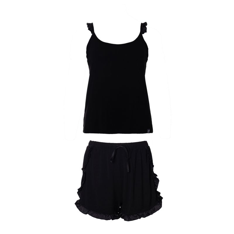 Bamboo Frill Cami Short Pyjama Set In Black image