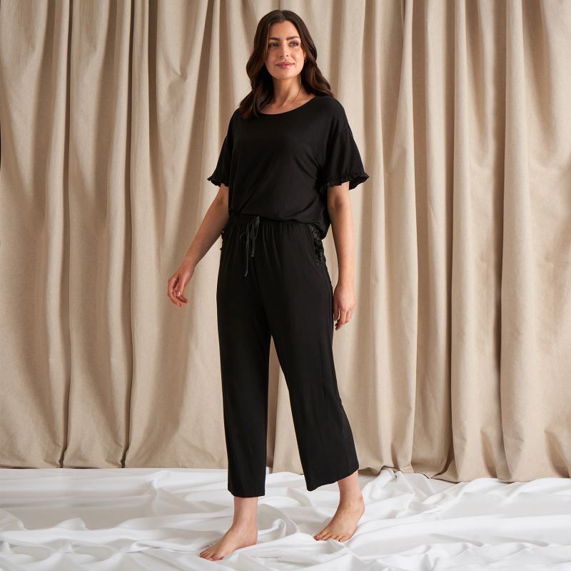 Bamboo Frill Tee Trouser Set In Black image