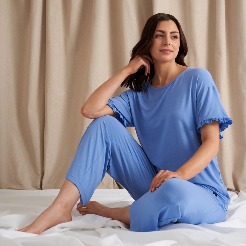 Bamboo Frill Tee Trouser Set In Cornflower Blue image