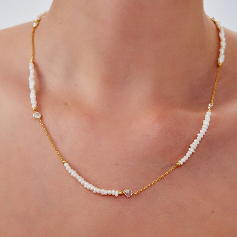 Baroque Irregular Pearl Jewelled Sterling Silver Chain Necklace In Gold image