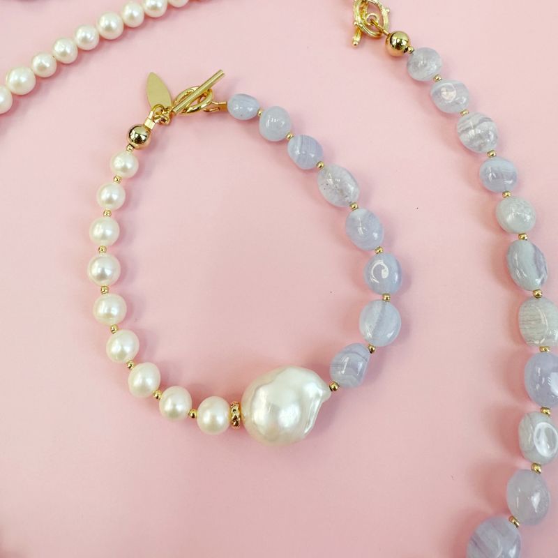 Baroque Pearl With Blue Lace Agate Bracelet image