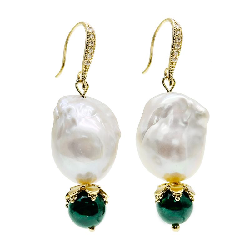 Baroque Pearl With Malachite Round Stone Earrings image