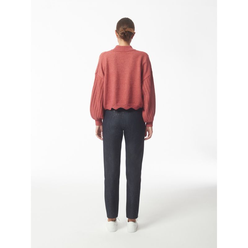 Batwing Sleeves Scallop Edge Knit Jumper In Brick Red image