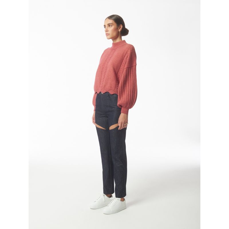 Batwing Sleeves Scallop Edge Knit Jumper In Brick Red image