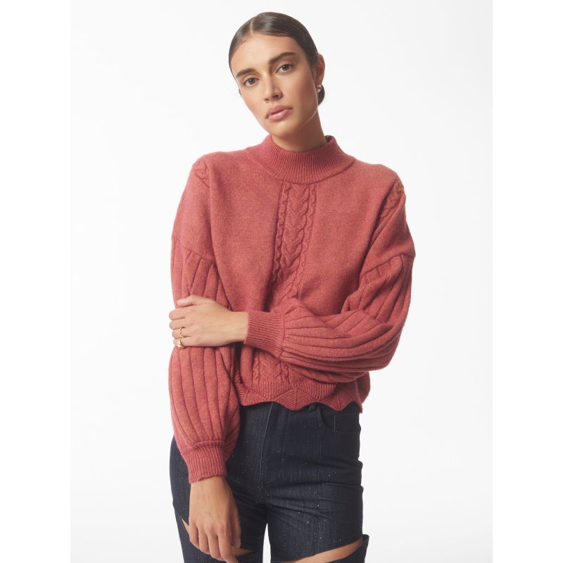 Batwing Sleeves Scallop Edge Knit Jumper In Brick Red image