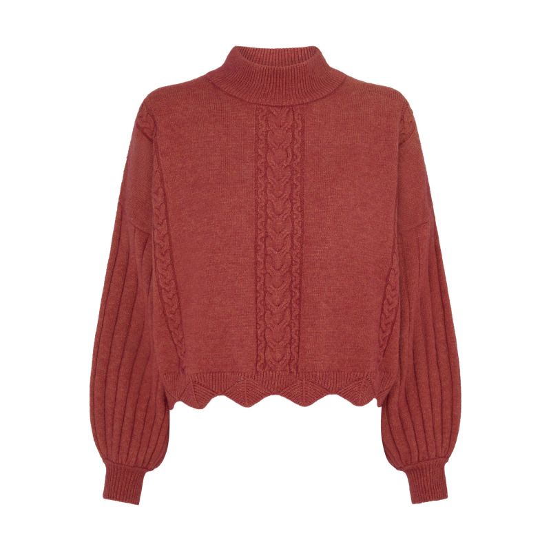 Batwing Sleeves Scallop Edge Knit Jumper In Brick Red image