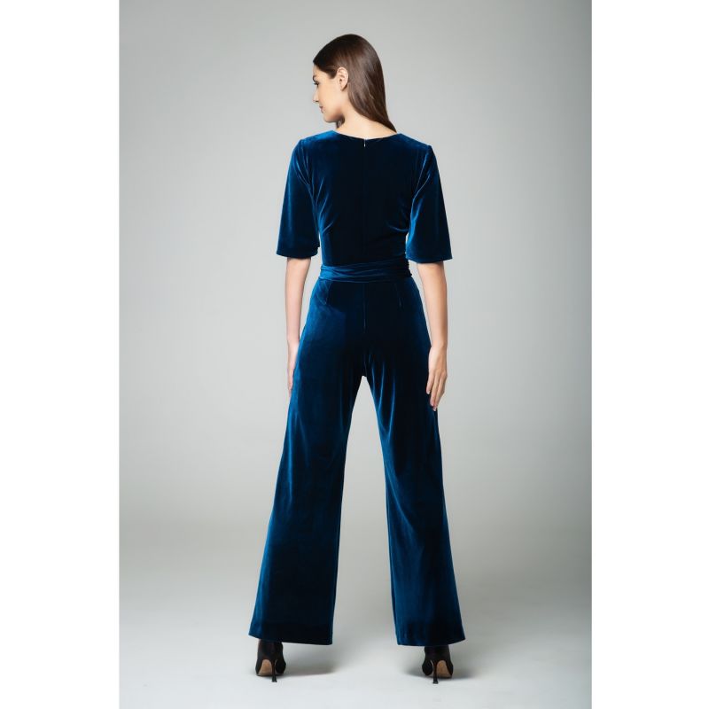 Layla Velvet Jumpsuit With Bell Sleeves & Sash In Royal Blue image