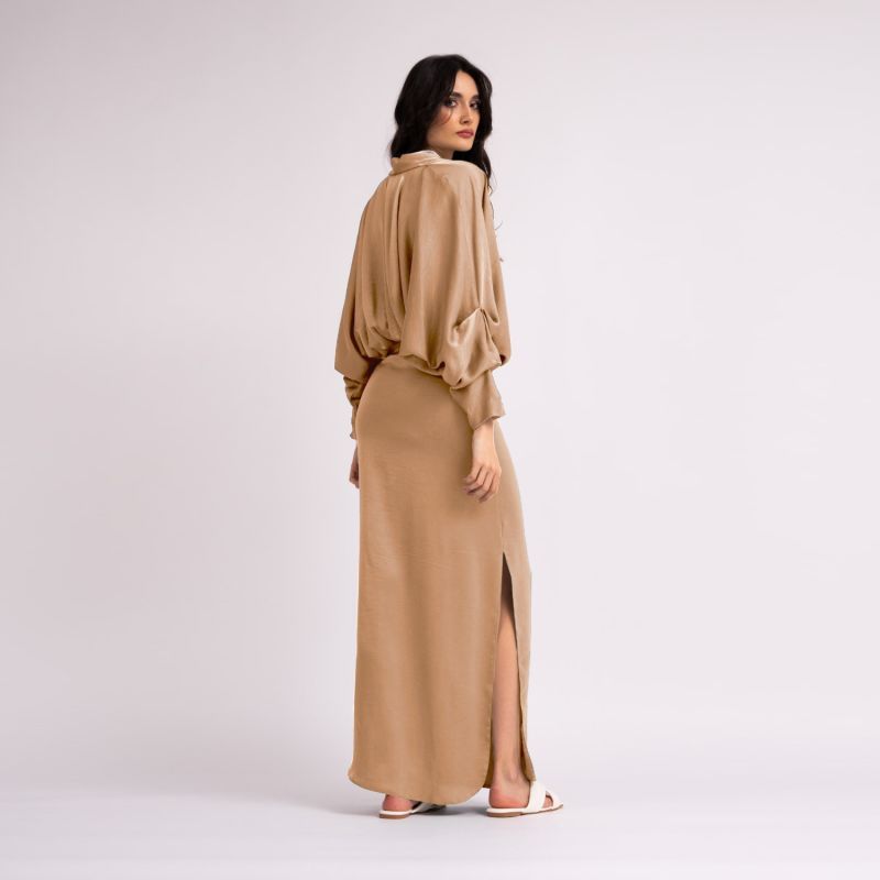 Beige Draped Dress With Flared Sleeves | BLUZAT | Wolf & Badger