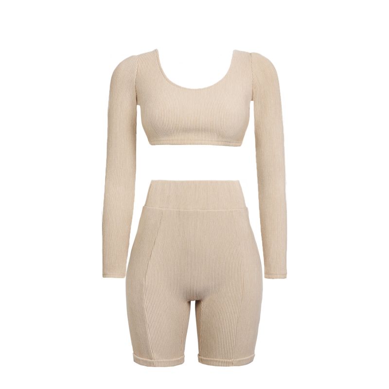 Beige Ribbed Long Sleeve Crop Top & Cycling Shorts Co Ord Set ECRU