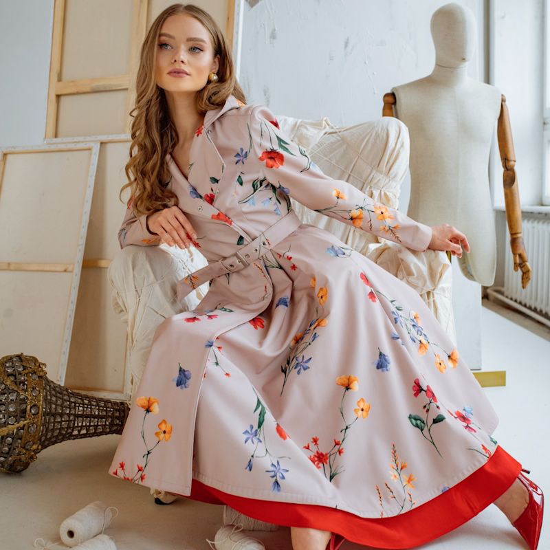 Beige Waterproof Trench Coat With Colorful Flower Print