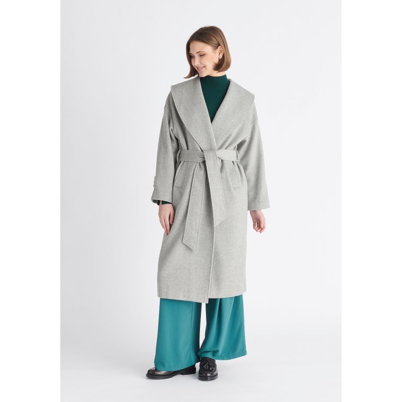 100% Wool Belted Long Coat with Fur Cuffs - Gray main image 1