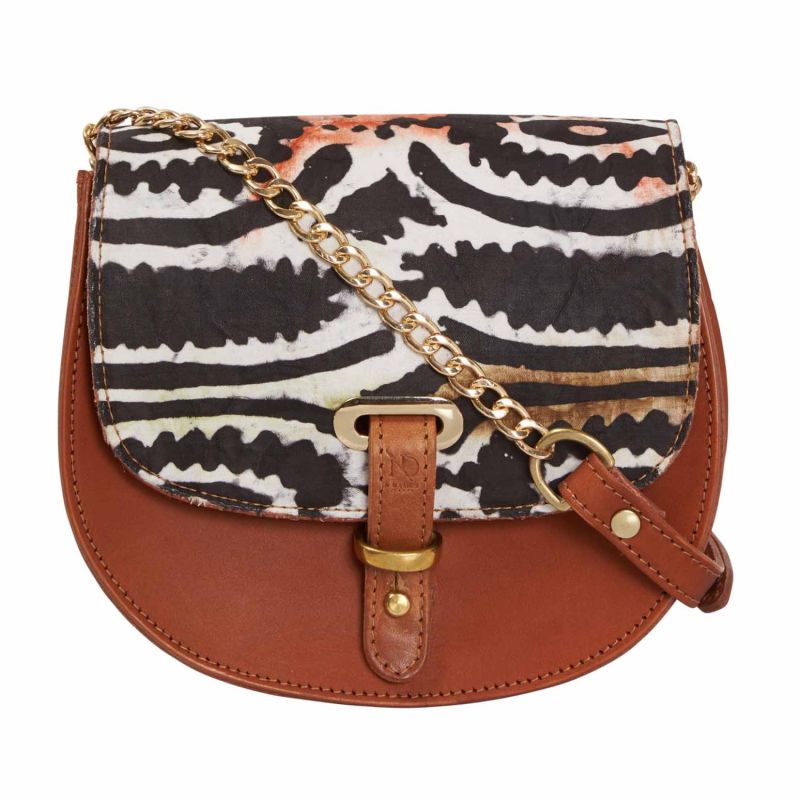 Mini Victoria Amaka Black Saffron Full Grain Tan Leather Crossbody Saddle Bag With Gold Chain image