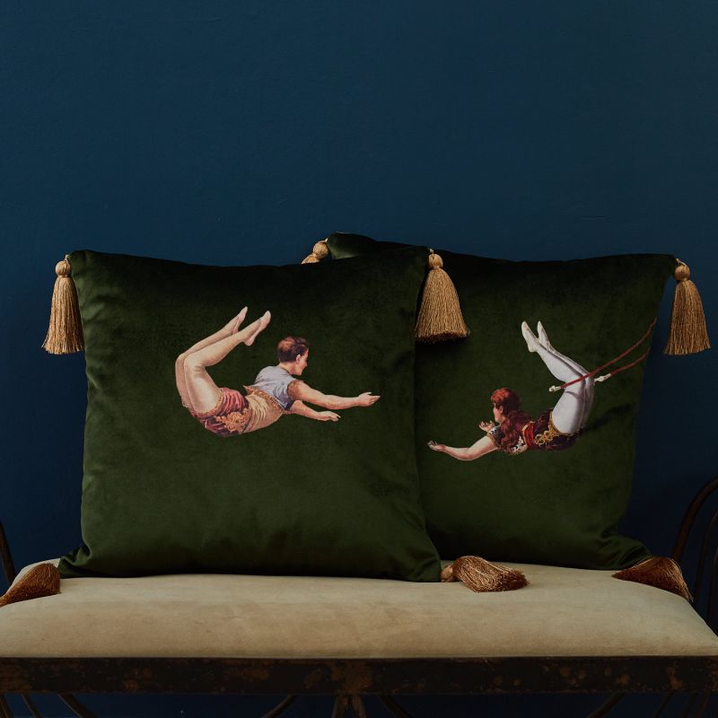 Trapeze Girl & Boy Velvet Cushions Green image