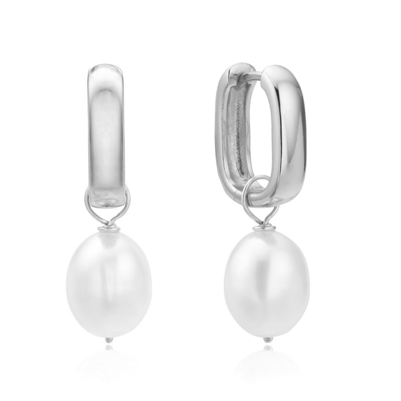 Silver Thick Squared Hoop Pearl Drop Earrings image