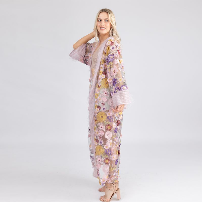 Anthem - Shades Of Pink Mesh Robe With Cascading Flowers And Sparkle Fringe image