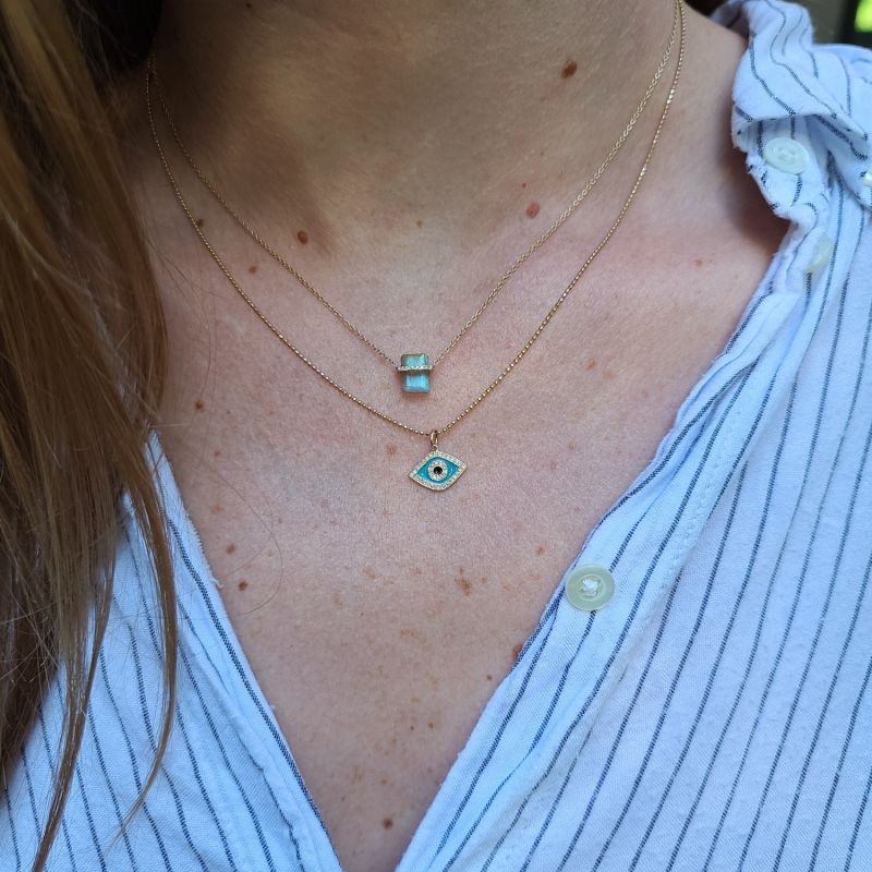 Mini Labradorite Huggie Necklace With Diamonds image
