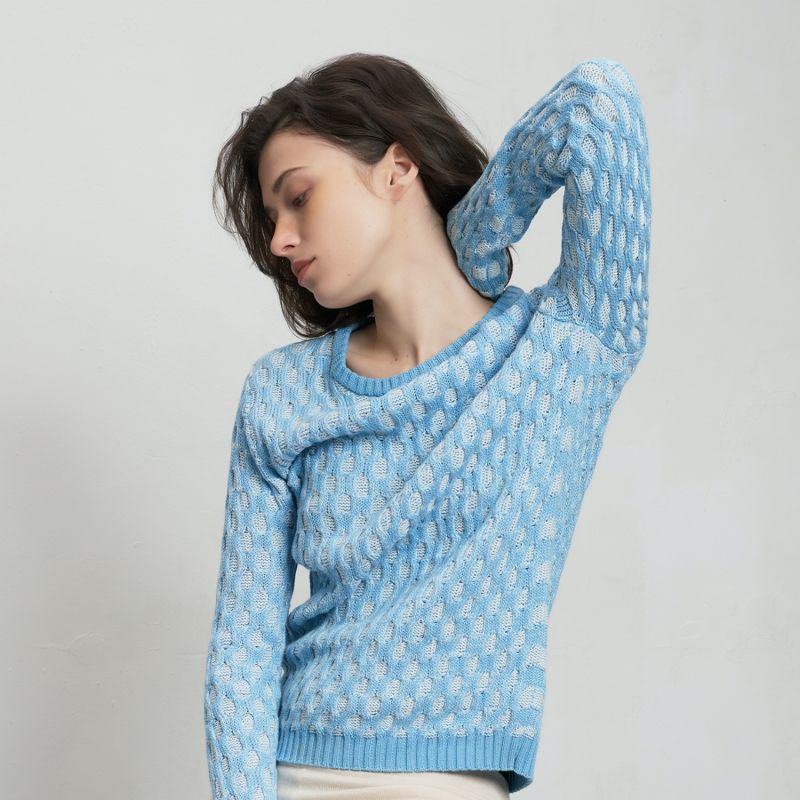 Bi Color Cable Knit Cotton Sweater River Blue image