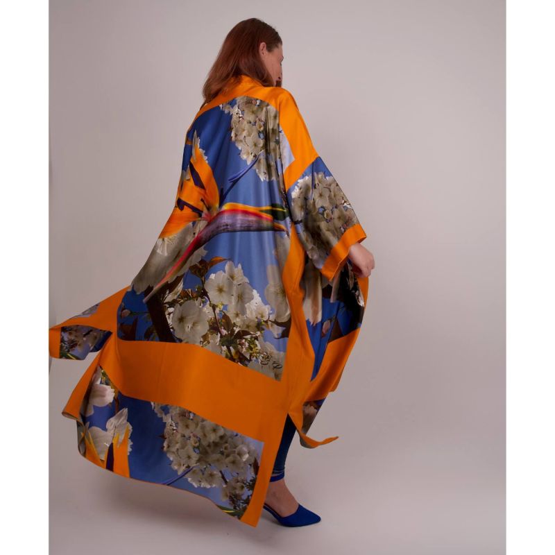 Bird Of Paradise White Blue Cherry Blossom Printed Silk Kimono image