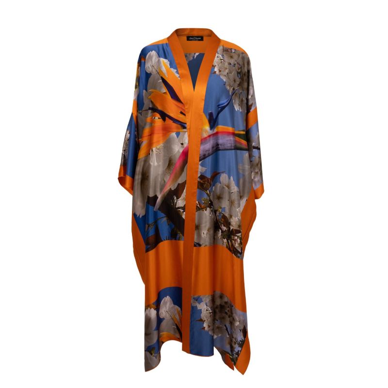 Bird Of Paradise White Blue Cherry Blossom Printed Silk Kimono image