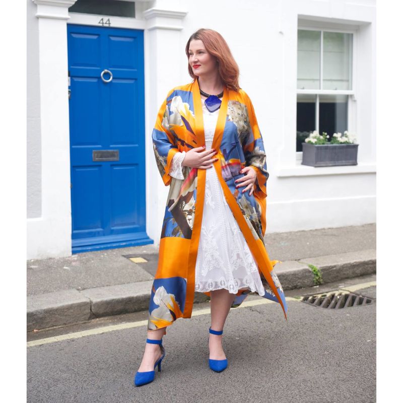 Bird Of Paradise White Blue Cherry Blossom Printed Silk Kimono image