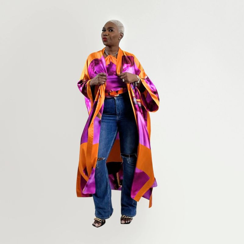 Bird Of Paradise Pink Purple Printed Silk Kimono image