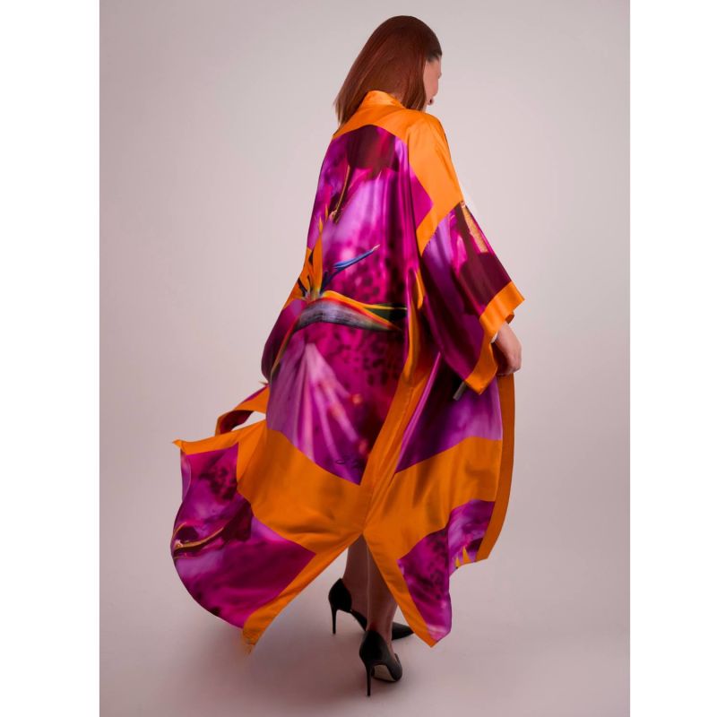 Bird Of Paradise Pink Purple Printed Silk Kimono image