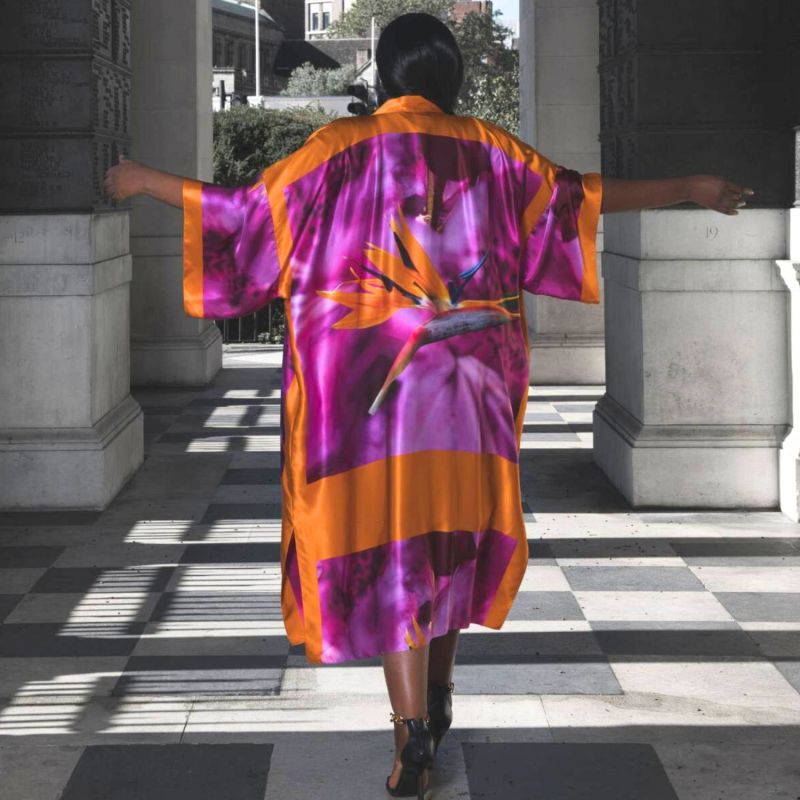 Bird Of Paradise Pink Purple Printed Silk Kimono image