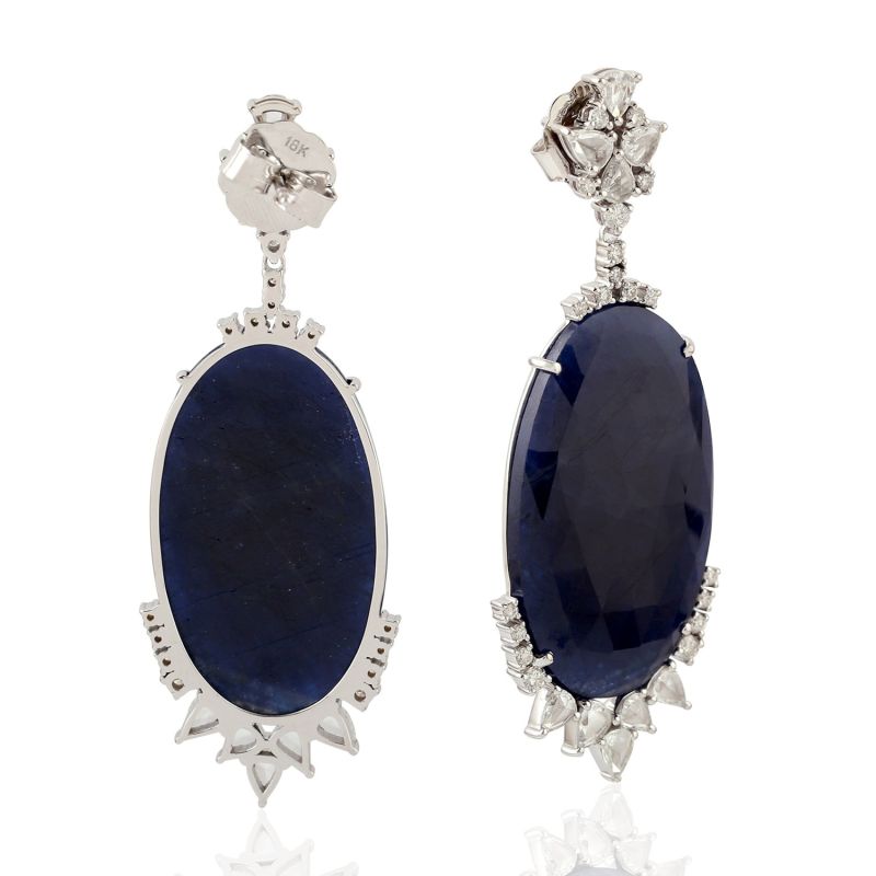 18K White Gold Pave Diamond Blue Sapphire Dangle Earrings Handmade Jewelry image