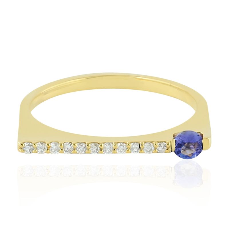 18K Yellow Gold Band Ring With Pave Diamond & Tanzanite Gemstone image