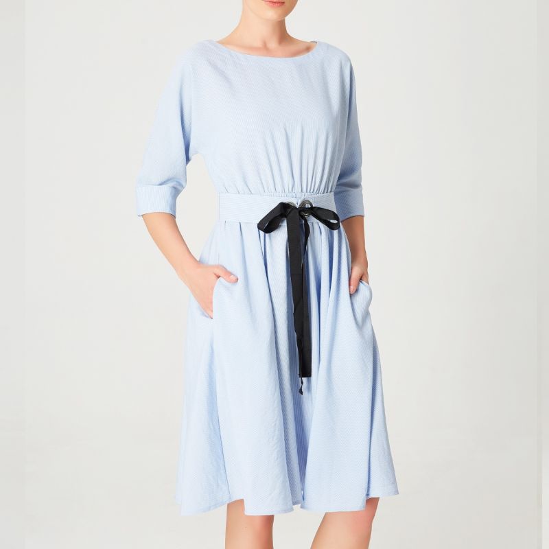 Wide-Belt Flared Dress -Blue image