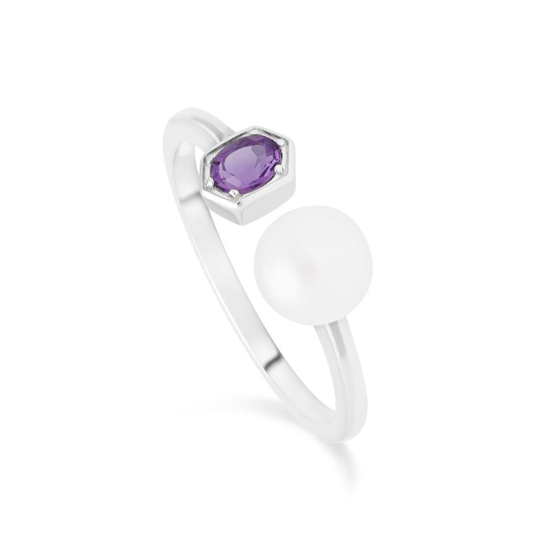 Amethyst & Pearl Open Ring In Sterling Silver image