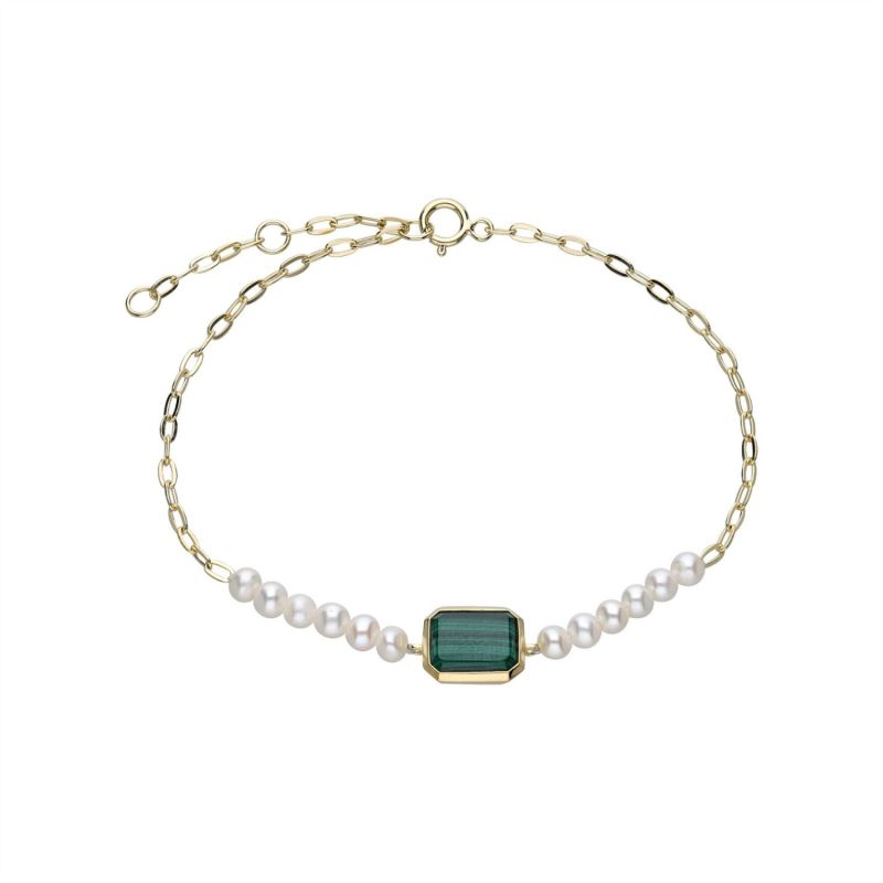 Ecfew Gold Plated Sterling Silver Malachite & Pearl Chain Link Bracelet image