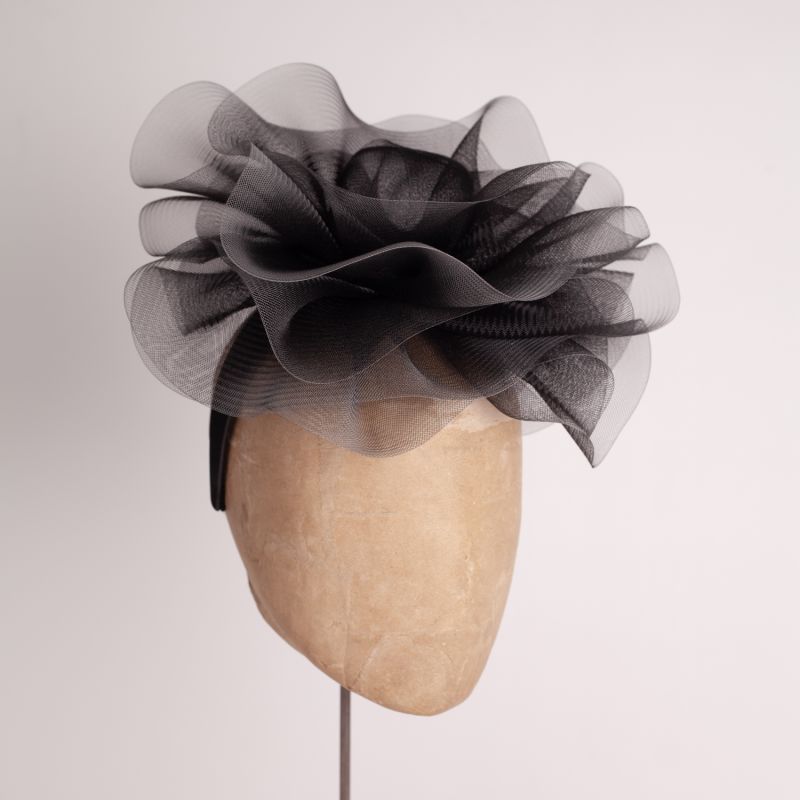 Black Crin Centred Headpiece With Silver Edge Detail On Black Satin Headband image