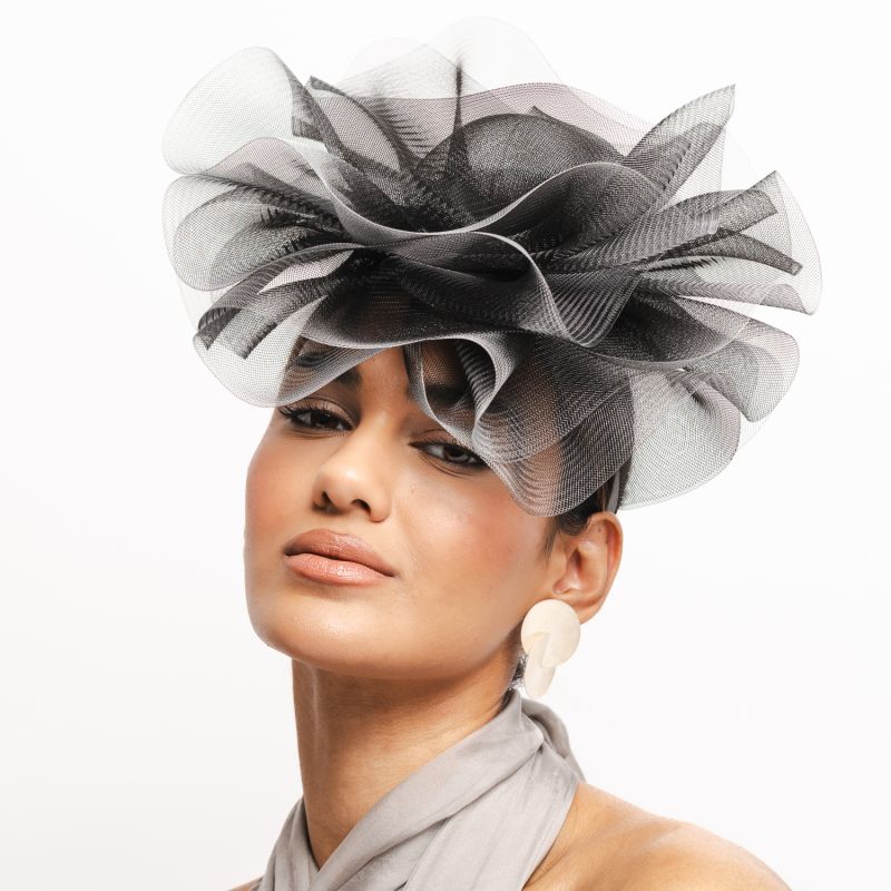 Black Crin Centred Headpiece With Silver Edge Detail On Black Satin Headband image