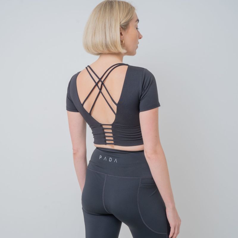 Black Criss-Cross Cropped Gym Top With In Built Sports Bra image