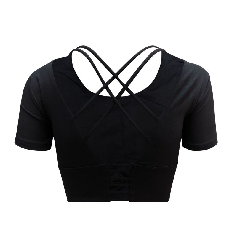 Black Criss-Cross Cropped Gym Top With In Built Sports Bra image