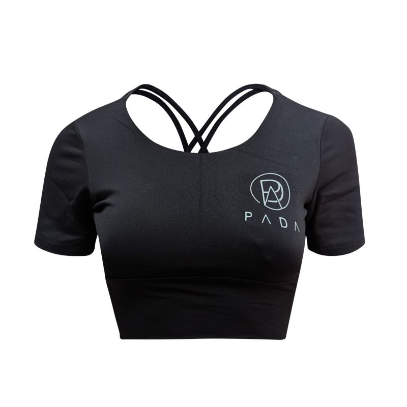 Black Criss-Cross Cropped Gym Top With In Built Sports Bra image