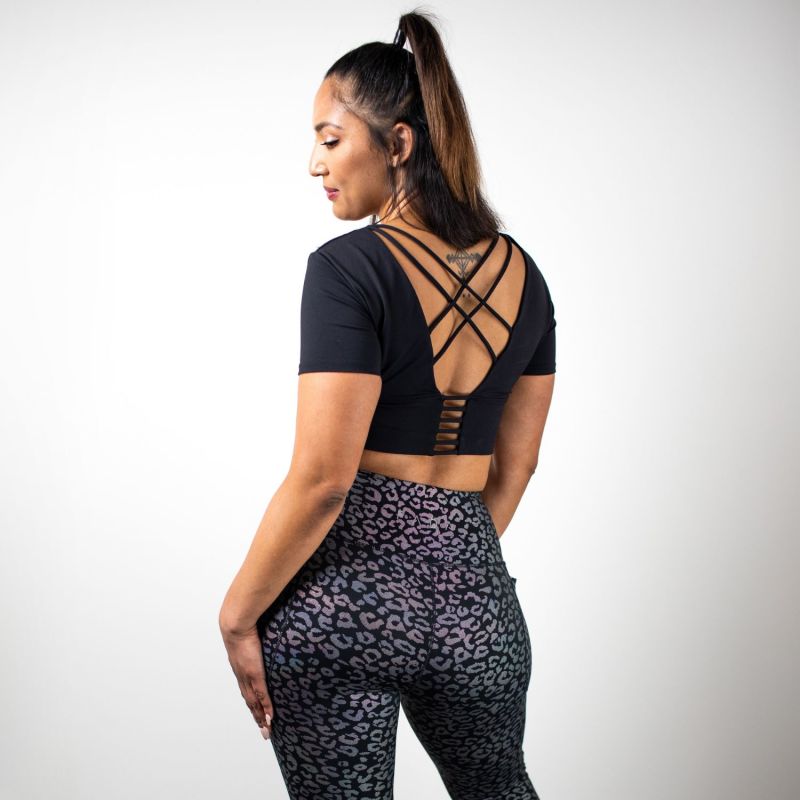 Black Criss-Cross Cropped Gym Top With In Built Sports Bra image