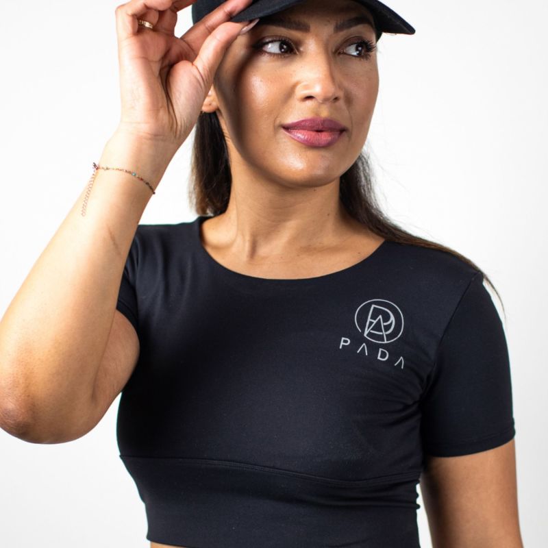 Black Criss-Cross Cropped Gym Top With In Built Sports Bra image