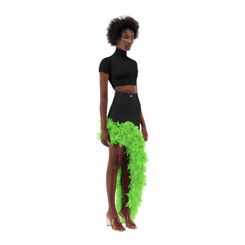 Black Denim Asymmetrical Green Feather Trim Skirt image