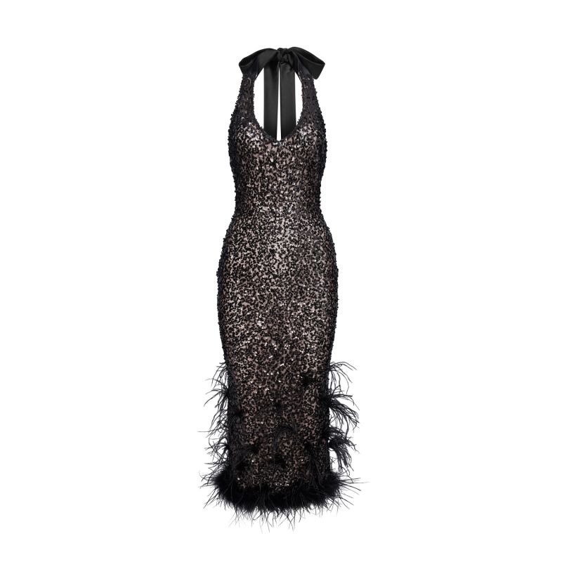 Black Feather Trim Sequin Midi Dress image