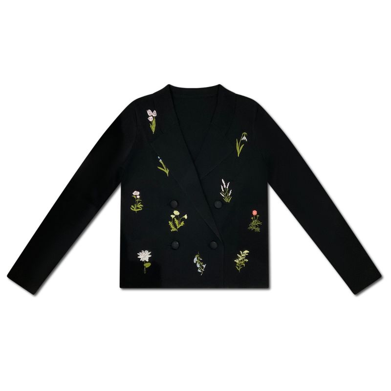 Black Flower Embroidered Knit Blazer image