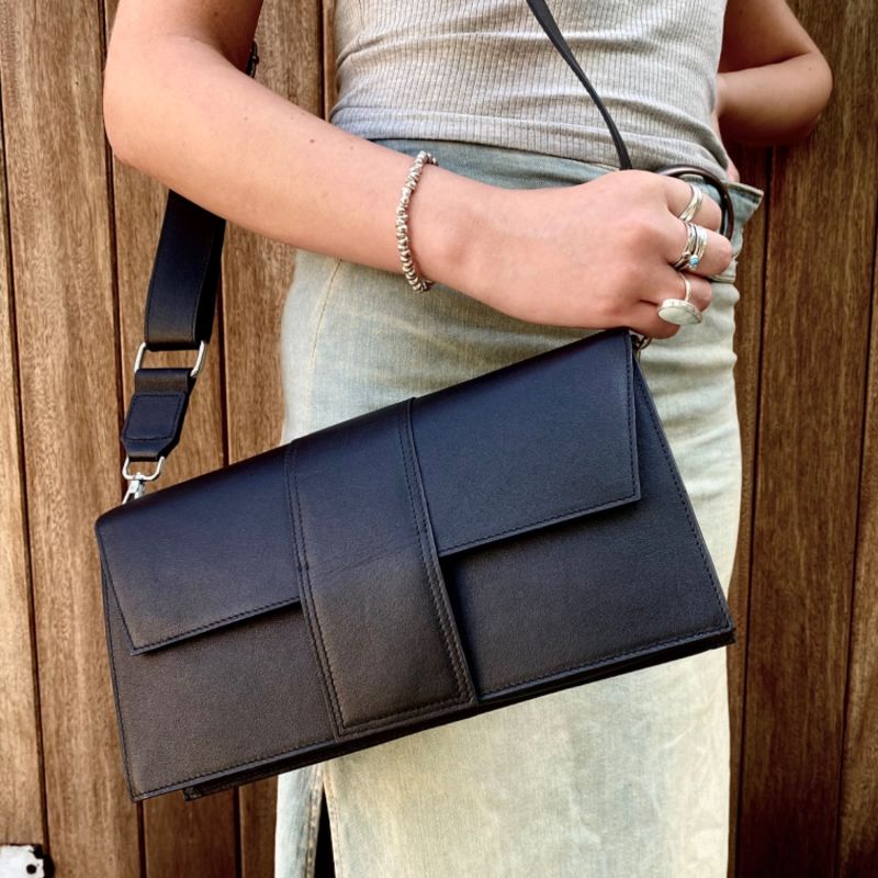 Black Leather Crossbody Envelope Handbag image