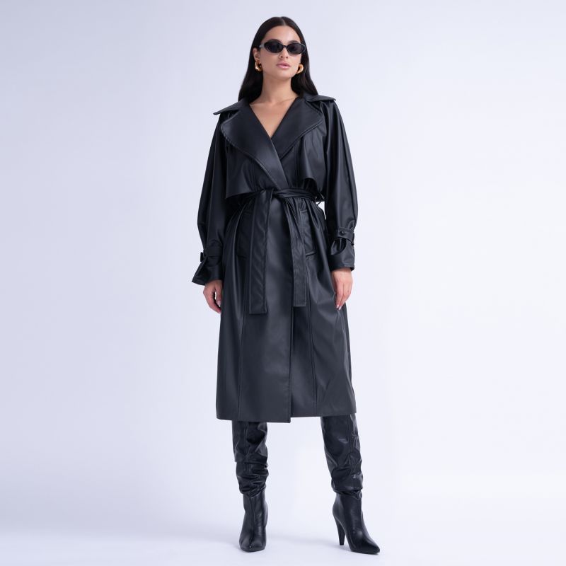 Black Leather Raglan Sleeve Trench Coat With Belt image