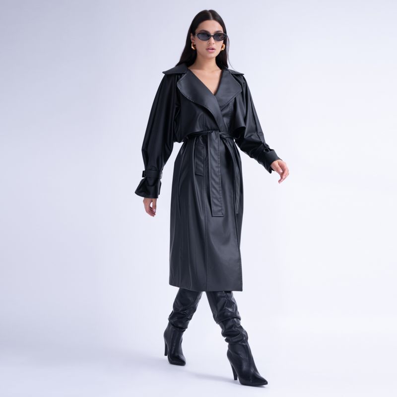 Black Leather Raglan Sleeve Trench Coat With Belt image