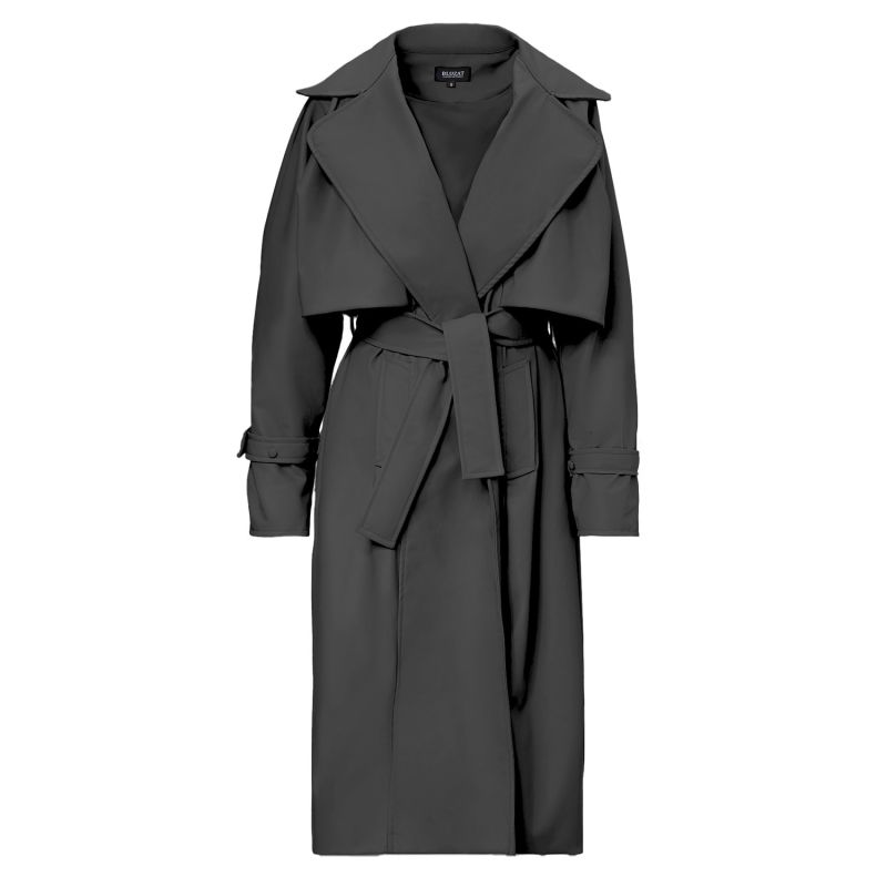 Black Leather Raglan Sleeve Trench Coat With Belt image