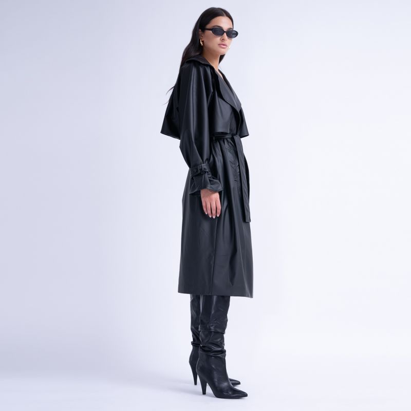 Black Leather Raglan Sleeve Trench Coat With Belt image