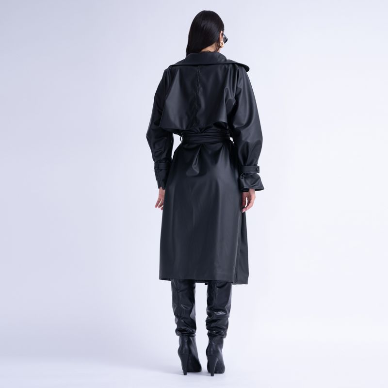 Black Leather Raglan Sleeve Trench Coat With Belt image