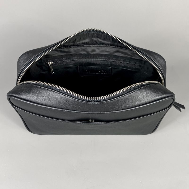 Black Leather Top Zip Wash Bag image